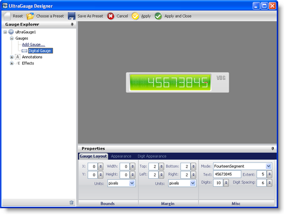 The preset applied to a digital gauge in the gauge designer.