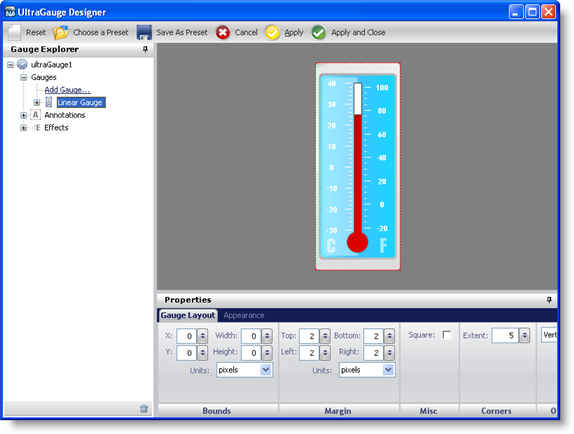 The linear gauge with a preset applied in the gauge designer.