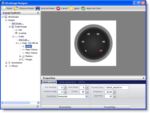 The gauge designer with the labels option selected in the gauge explorer.