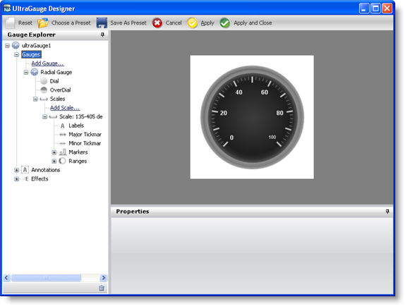 The gauge designer with the Gauge node selected in the gauge explorer.
