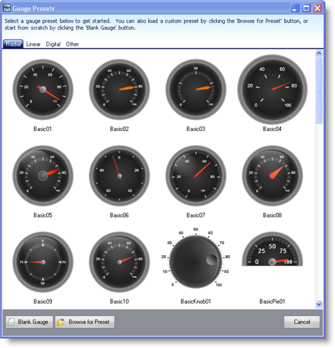 The radial gauge presets that are available.