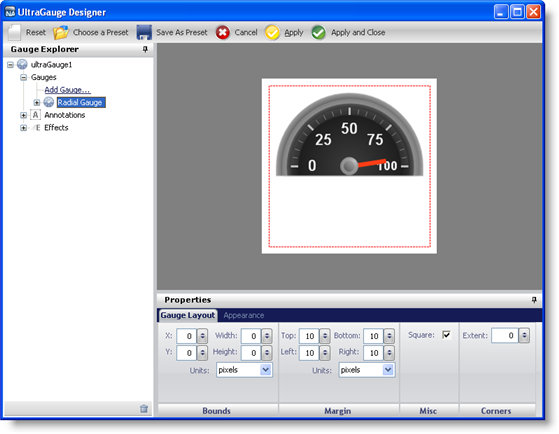 The gauge designer with the radial gauge showing in the preview area with a preset applied.