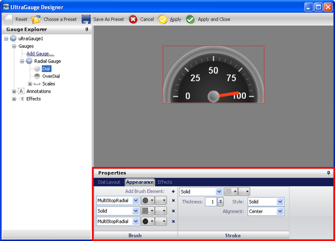 The gauge designer with the gauge explorer expanded down to the dial