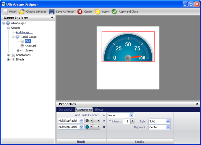 The gauge designer showing the new styled gauge.