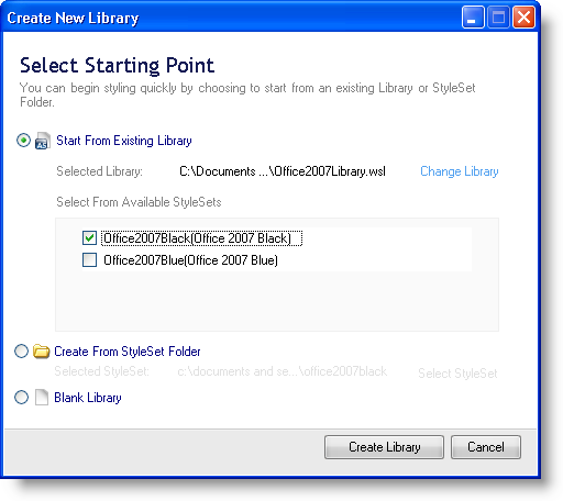 The Create New Library dialog with Start From Existing Library radio button selected.