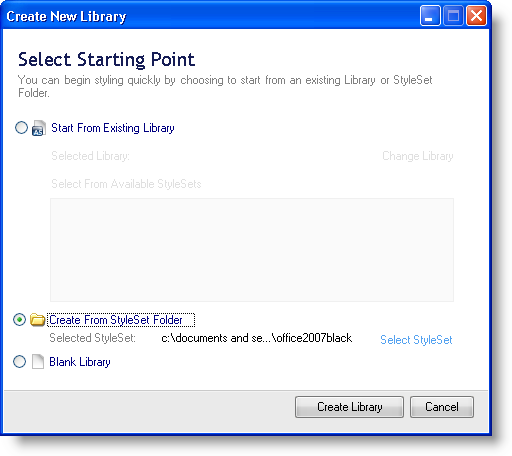 The Create New Library dialog with Create From StyleSet Folder radio button selected.