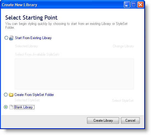 The Create New Library dialog with Blank Library radio button selected.