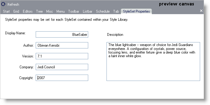 Shows the StyleSet properties tab that allows you to personalize the the StyleSet (set display name