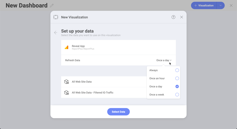 Select a data cube to be used with Reveal's Google Analytics data source