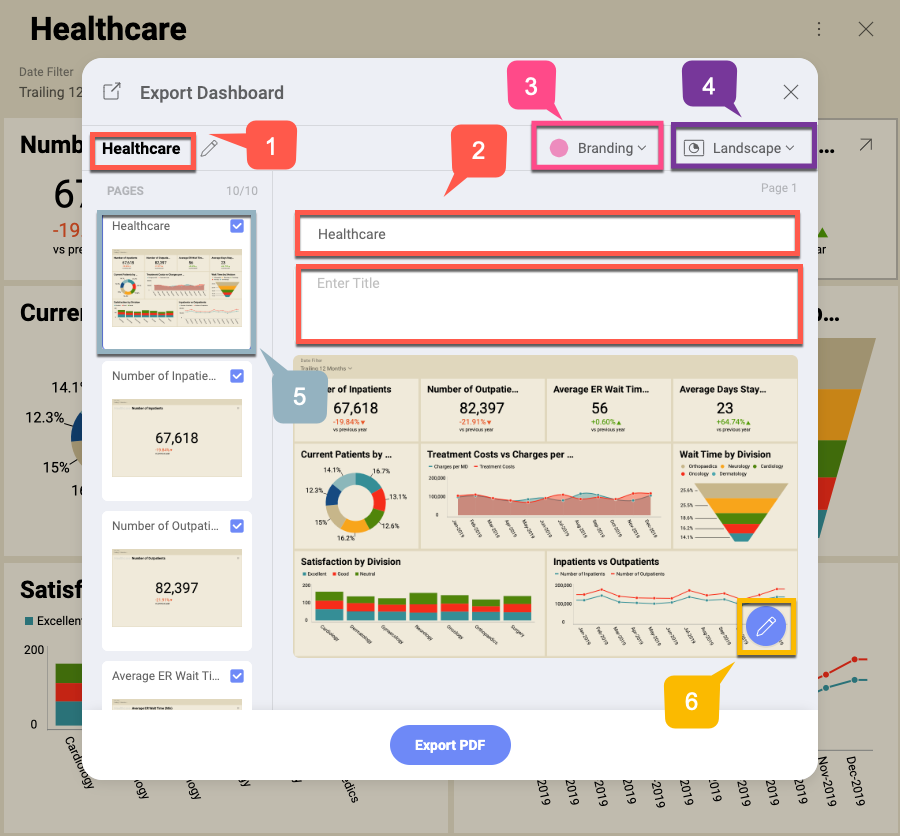 Settings for PDF document in the Export Dashboard menu