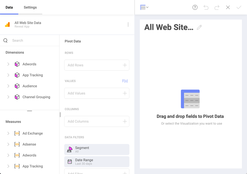 Visualization Editor showing a Google Analytics data cube