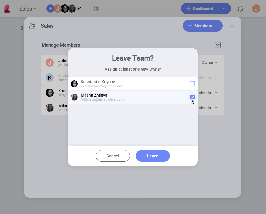 leave team dialog to assign a new owner