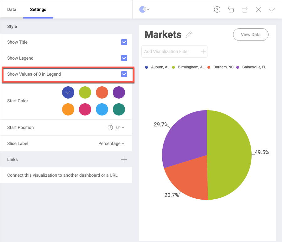 Enabling the legend setting in the visualization editor