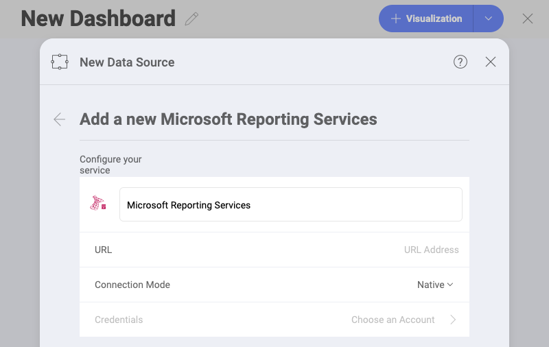 Set up menu for Microsoft Reporting Services data source