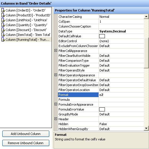 wingrid's column layout area showing off the properties window for a column