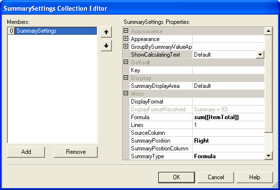 wingrid's summarysettings collection editor