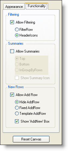 The Grid Canvas's Option dialog with the Functionality tab selected.