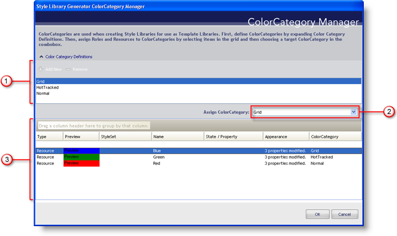 Shows the Style Library Generator ColorCategory Manager dialog box with some callouts which area pointing to features that are described below.