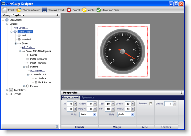 finished basic radial gauge created using the designer.