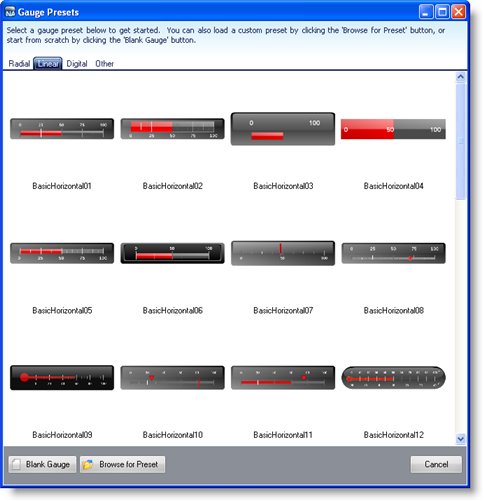 Wingauge's linear tab preset area.