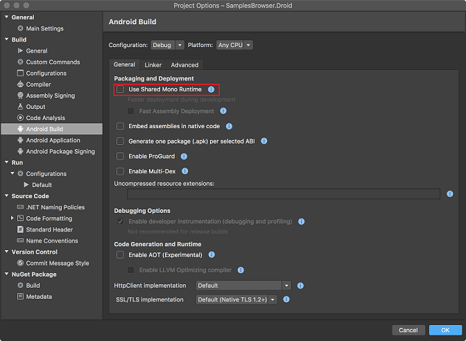 Android Project Options - Don’t Use Shared Mono Runtime